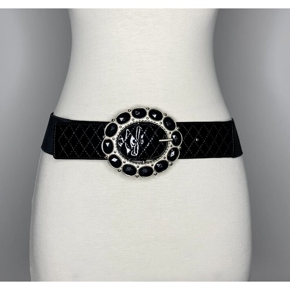 Ellen Tracy Belt Women M/L Genuine Leather Black‎ Stone Buckle Elastic Stretch